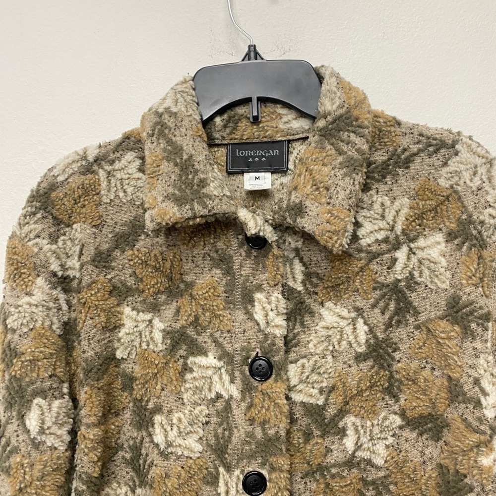 Lonergan Leaves Pattern Teddy Button Up Jacket Brown Beige Women's Medium View 2